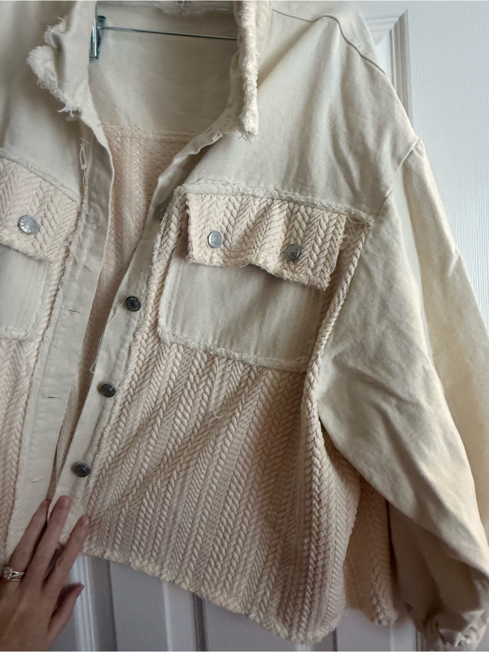 She and Sky Cream Knit-Panel Jean Jacket